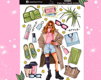 Sticker Set with Fashion Girl in coat with prosthetic leg Journal Stickers Aesthetic Sticker BuJo Scrapbook amputee stickers Fashion Woman