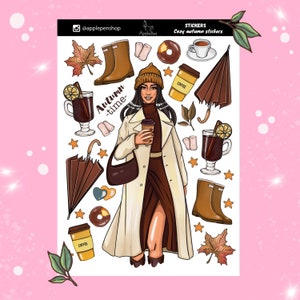 Conjunto de papelaria com menina de outono em adesivos de diário de casaco adesivos estéticos BuJo Scrapbook casaco de outono chuva estações moda mulher