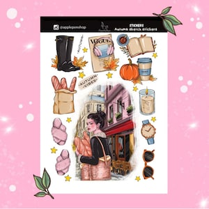 Set di adesivi con illustrazione di schizzo con ragazza in Francia Adesivi per diario Adesivo estetico BuJo Scrapbook Bakery Moda Donna Autunno