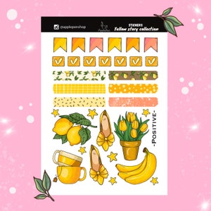 Feuille d'autocollants collection jaune. Stickers avec tulipes, citrons, bananes et tasse. Feuille d'autocollants pour agenda. Bullet journal. Album de coupures.