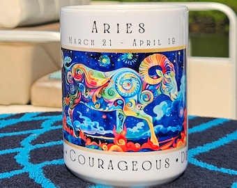 Aries Zodiac Mug - Fire Star Sign Colorful Starry Night Horoscope Design, Aries Ram Coffee Cup, Astrology Gift for March & April Birthdays