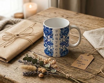 Taza personalizada con azulejos portugueses, taza de café personalizada con azulejos azules, regalo de herencia portuguesa para mamá, taza de recuerdo de Lisboa de 11 oz y 15 oz.