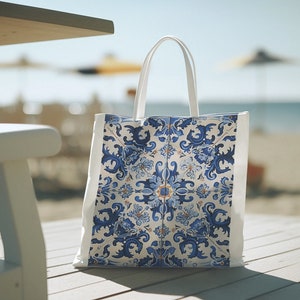 Portugiese Azulejo Tile Einkaufstasche - Portugiese Azulejos Einkaufstasche, Portugal Tote, Strandtasche, blaue Fliesentasche, wiederverwendbare Tasche, Buchtasche