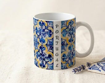 Taza personalizada Azulejo Portugal, taza de café con nombre personalizado con diseño de azulejos portugueses, regalo de la herencia portuguesa, taza de recuerdo de Lisboa para mamá 11 oz 15 oz
