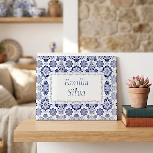 Tuile azulejo portugaise personnalisée, signe de nom de famille personnalisé Família, cadeau de pendaison de crémaillère au Portugal