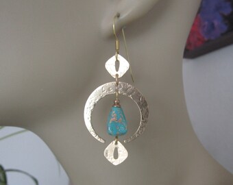 Hammered Brass Crescent Moon Earrings - Turquoise