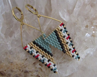 Seed Bead Bead Woven & Brass Triangle Earrings - Green/Red - Patti Ann McAlister 2023
