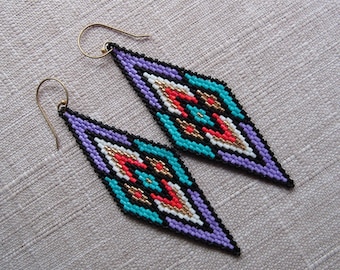 Long Seed Bead Bead Woven Rhombus Earrings - Purple/Coral/Turquoise