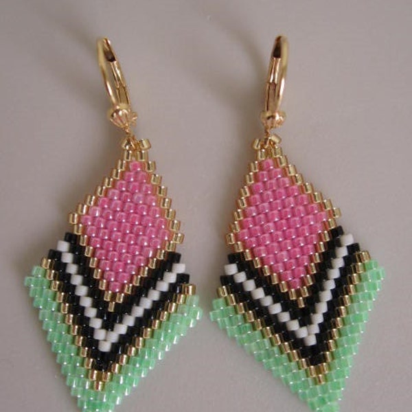 Diamond Shape Beadwoven Earrings - Pink/Green