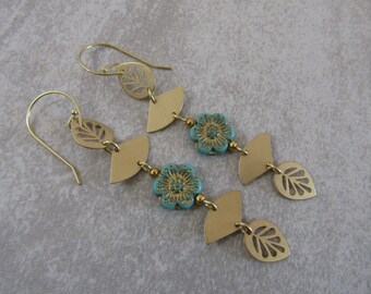 Brass Dangle Flower Earrings - Aqua