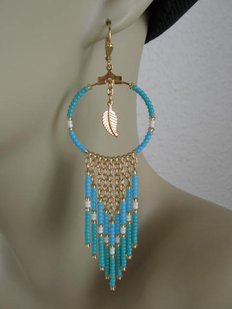 Seed Bead Hoop Chain Earrings Aqua/Turquoise Etsy