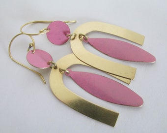 Brass Earrings Patina Geometric Boho  - Pink