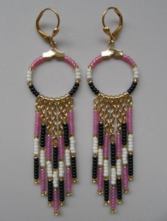 Items similar to SALE Seed Bead Hoop Chain Earrings Opal Pink/Black