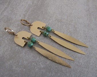 Brass Marquise Earrings - Turquoise Picasso