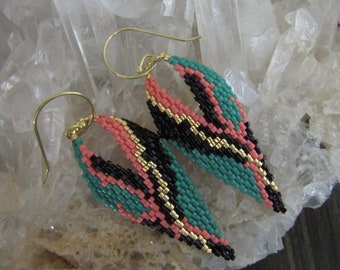 Seed Bead Abstract Style Earrings - Original Pattern 2023 - P. A. McAlister - Spruce/Apricot