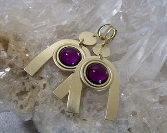 Brass Arch Cabochon Earrings - Violet