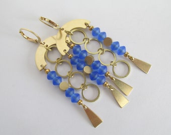 Brass Earrings Hoop Geometric - Blue