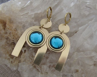 Brass Arch Cabochon Earrings - Turquoise Blue