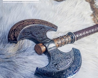 Handmade Double Headed Viking Axe: Forged Steel with Rose Wood Handle
