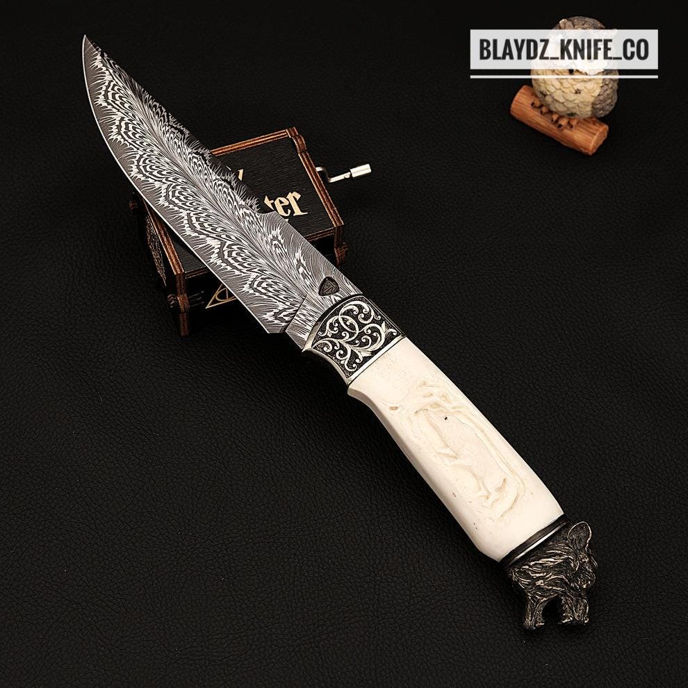 Coltello Da Caccia Damasco MAQSON – Forgiato A Mano Con Manico In Corno E Guaina In Pelle – Unico - Foto 4