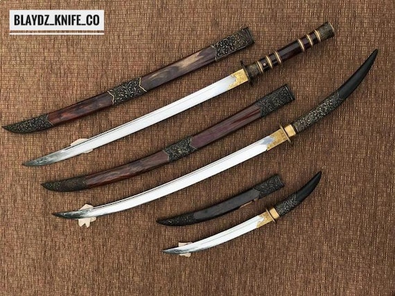 Handmade Katana Sword Set: Carbon Steel Blade, Wood Scabbard