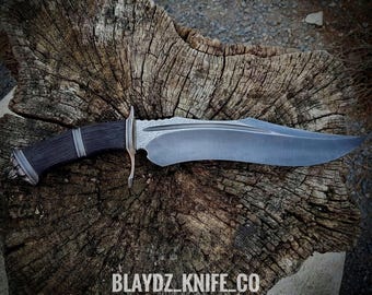 Handmade Carbon Steel Bowie Knife: Bog Oak Handle, Leather Sheath
