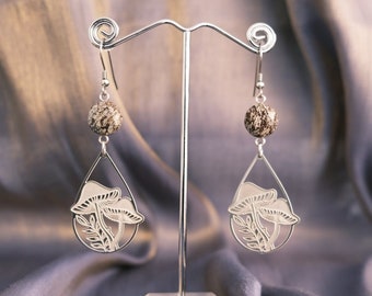 Mushroom Charm Earrings, Snowflake Obsidian Gemstones, Stainless Steel