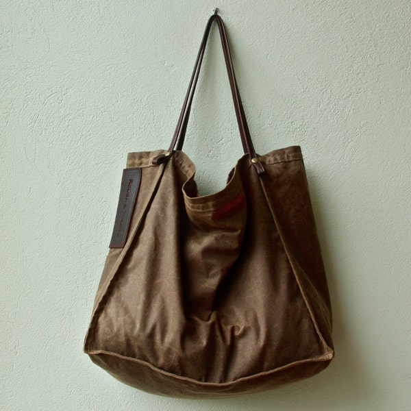 FARMERS MARKET TOTE - waxed canvas and leather with wine bottle pocket - ships today