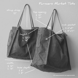 May include: Two black canvas tote bags with leather straps and a side pocket. The larger bag has a top opening of 19 inches and a height of 14 inches. The smaller bag has a top opening of 15 inches and a height of 12 inches. Both bags have a strap drop of 12 inches. The text "Farmers Market Tote" is written at the top of the image.