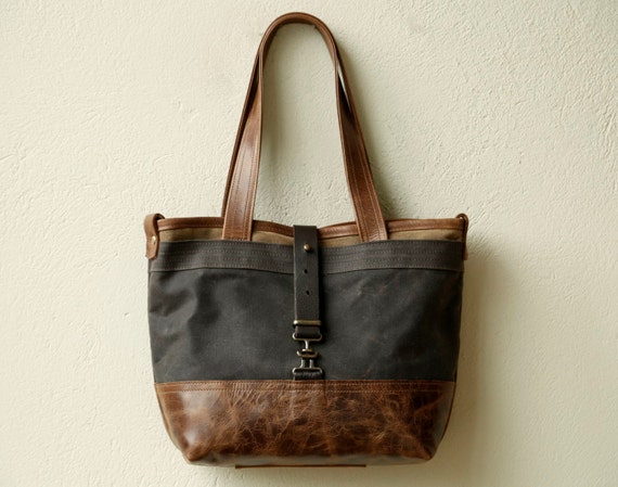 Items similar to waxed canvas tote - CLASSIC TOTE waxed canvas and leather Tote with iPad or 13 ...