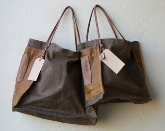 special - FARMERS MARKET TOTE - dark oak waxed canvas with sienna side pockets - ships today