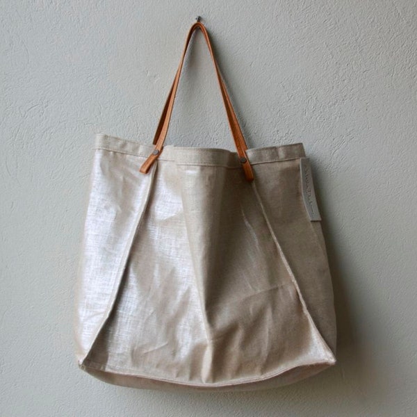 sale - LACQUERED LINEN Summer Shopper - lacquered linen with leather straps & interior side pocket - ships today