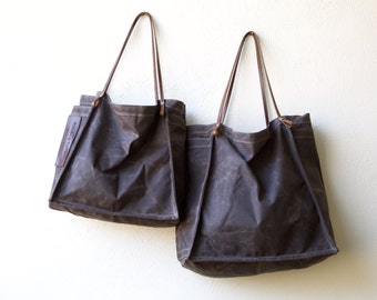 FARMERS MARKET TOTE - dark oak waxed canvas with leather straps - ships today