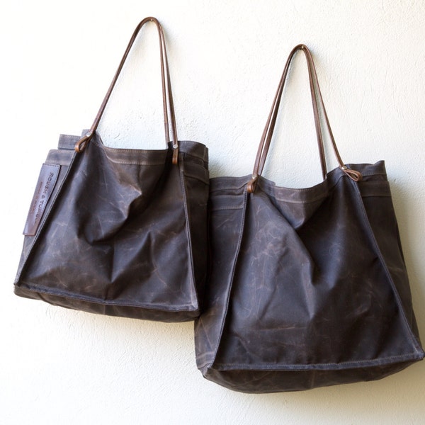 FARMERS MARKET TOTE - dark oak waxed canvas with leather straps - ships today