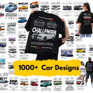 Pacote com mais de 1000 designs de carros PNG – Supercarros, JDM, Vintage, Desenhos Animados, designs modernos – Pod e Revenda MRR PLR Inclusos – Pacote com designs de camisetas de carros