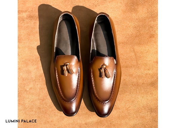 Handmade Mens Two tone Tan Cow Leather Tassel Loafers Leather Loafers for Men Etsy