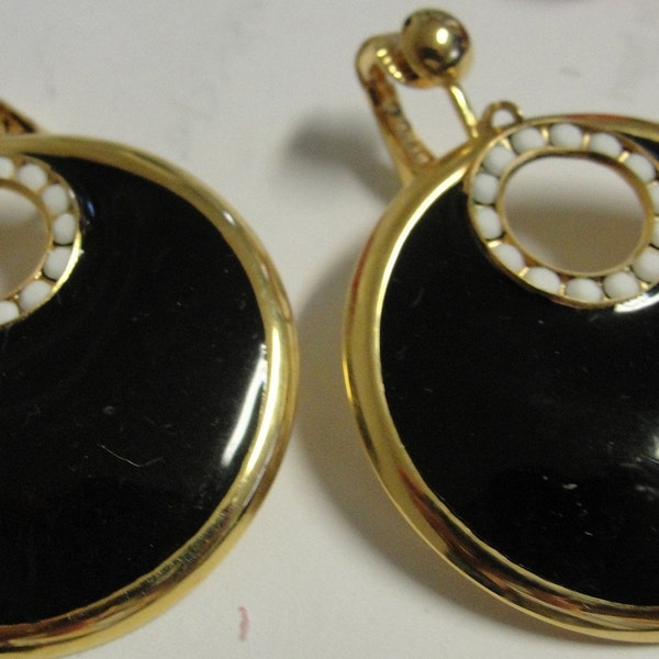 Vintage Black Enamel with White opaque Rhinestone Dangle Clip Earrings