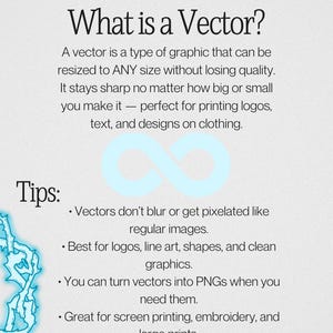 May include: An educational graphic titled "What is a Vector?" detailing the properties of vector graphics. It explains how vectors maintain quality when resized and are suitable for printing logos, text, and clothing designs.