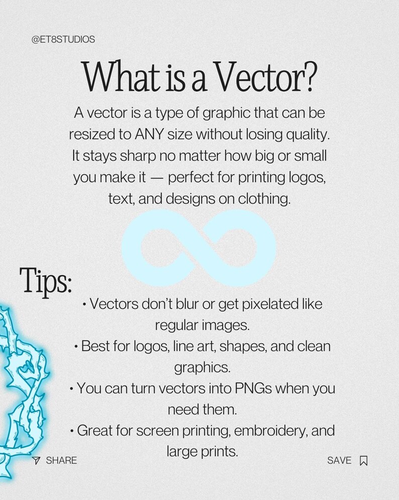 May include: An educational graphic titled "What is a Vector?" detailing the properties of vector graphics. It explains how vectors maintain quality when resized and are suitable for printing logos, text, and clothing designs.