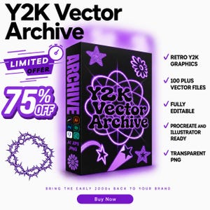 May include: A black box with the text "Y2K Vector Archive" in a retro font, surrounded by purple neon graphics. The image includes a "Limited Offer" banner, a "75% Off" graphic, and icons for various file types. The text "Bring the early 2000s back to your brand" is also present.
