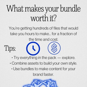 May include: A light-coloured graphic with the text "What makes your bundle worth it?" and tips on using bundles. Includes a clock and dollar sign icon. The text advises to explore, combine assets, and use bundles to create content.