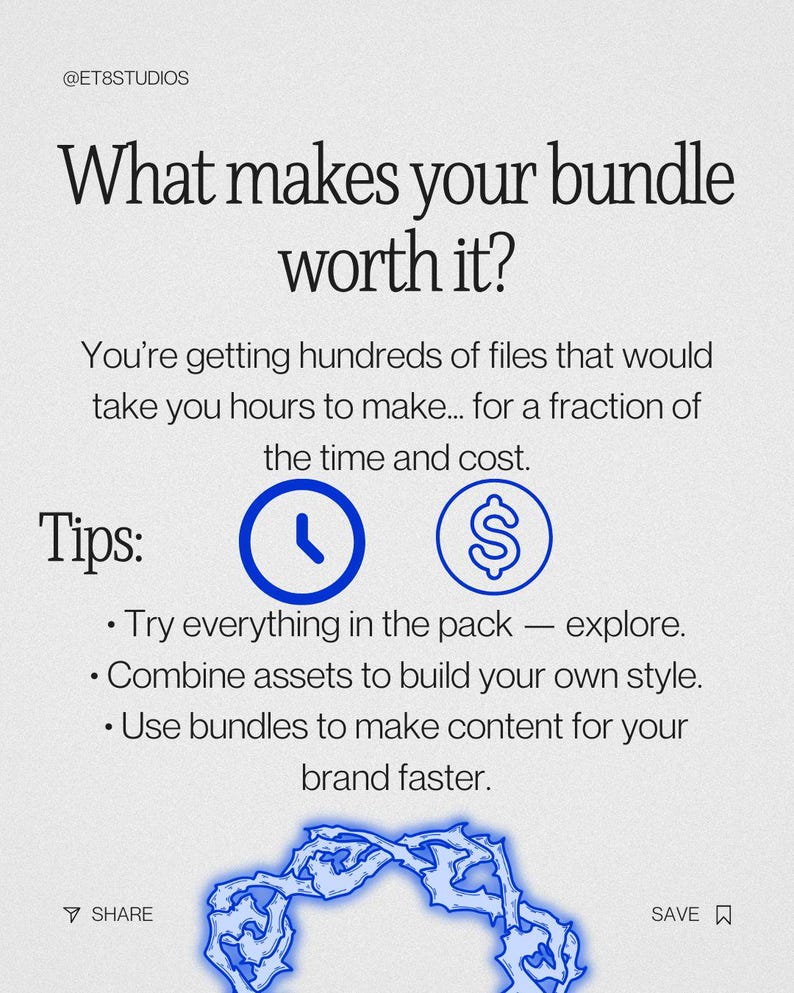 May include: A light-coloured graphic with the text "What makes your bundle worth it?" and tips on using bundles. Includes a clock and dollar sign icon. The text advises to explore, combine assets, and use bundles to create content.