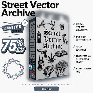 May include: A white box titled "Street Vector Archive" with urban street graphics. The box features illustrations of a gun, dog, car, and other street-style designs. Includes a limited offer of 75% off.