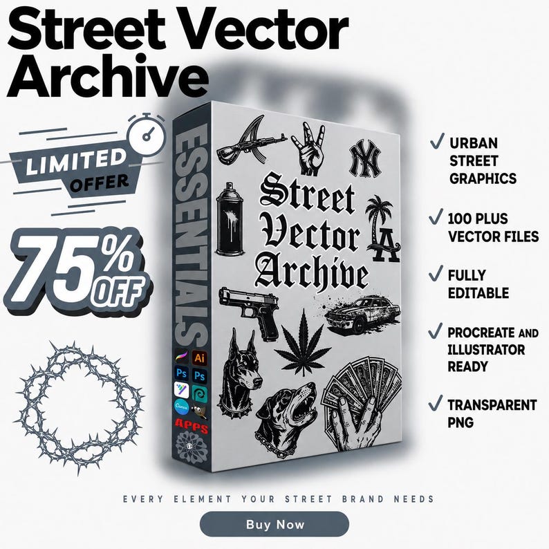 May include: A white box titled "Street Vector Archive" with urban street graphics. The box features illustrations of a gun, dog, car, and other street-style designs. Includes a limited offer of 75% off.