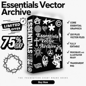 May include: A black box titled "Essentials Vector Archive" with white graphics and text. The box features various vector illustrations and is labeled as fully editable, Procreate and Illustrator ready, and transparent PNG. A limited offer of 75% off is displayed.