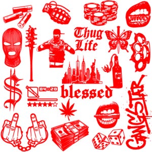 May include: Red graphic illustration with a balaclava, baseball bat, cityscape, butterfly with a knife, stack of money, dice, and the words "Thug Life" and "blessed". The design has a street art theme.