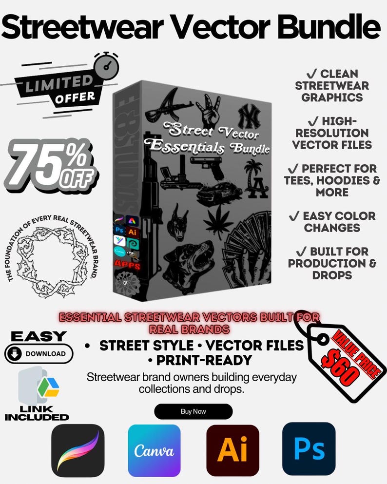 May include: A digital product bundle named "Streetwear Vector Bundle" with a limited offer of 75% off. The bundle contains streetwear vector files, with the text "Street Vector Essentials Bundle" on the product box.
