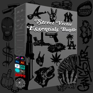 May include: A digital art bundle labelled "Street Vector Essentials Bundle" with black and white illustrations. The illustrations include weapons, hand gestures, a dog, a car, and the text "Gangster". The bundle also includes icons for design software.