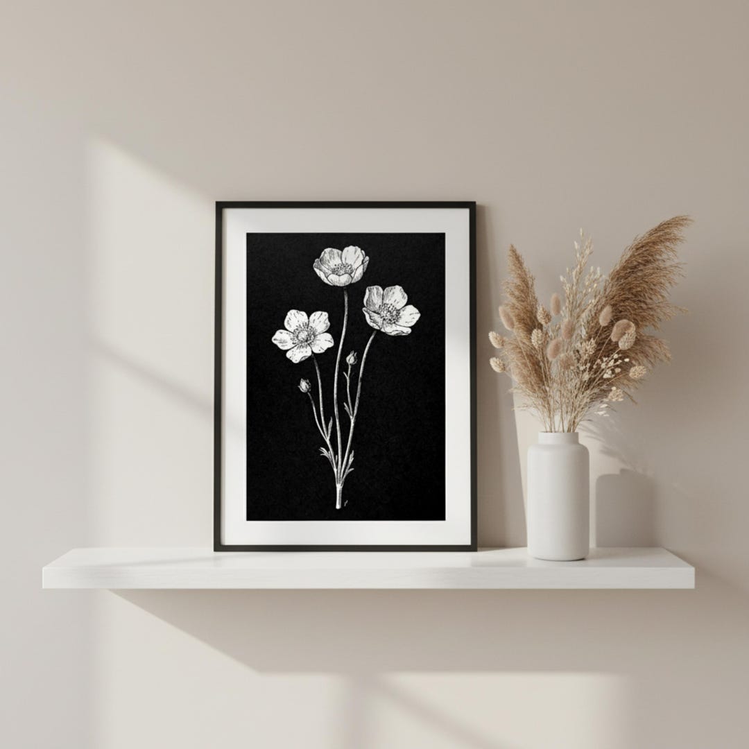 White Floral Line Art Print | Vintage Botanical Wall Decor (digital ...
