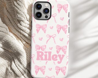 Funda personalizada con lazo coqueto para iPhone 16 Pro, funda para teléfono con monograma, funda duradera a prueba de golpes, iPhone 15 Pro Max personalizado, lindo teléfono estético